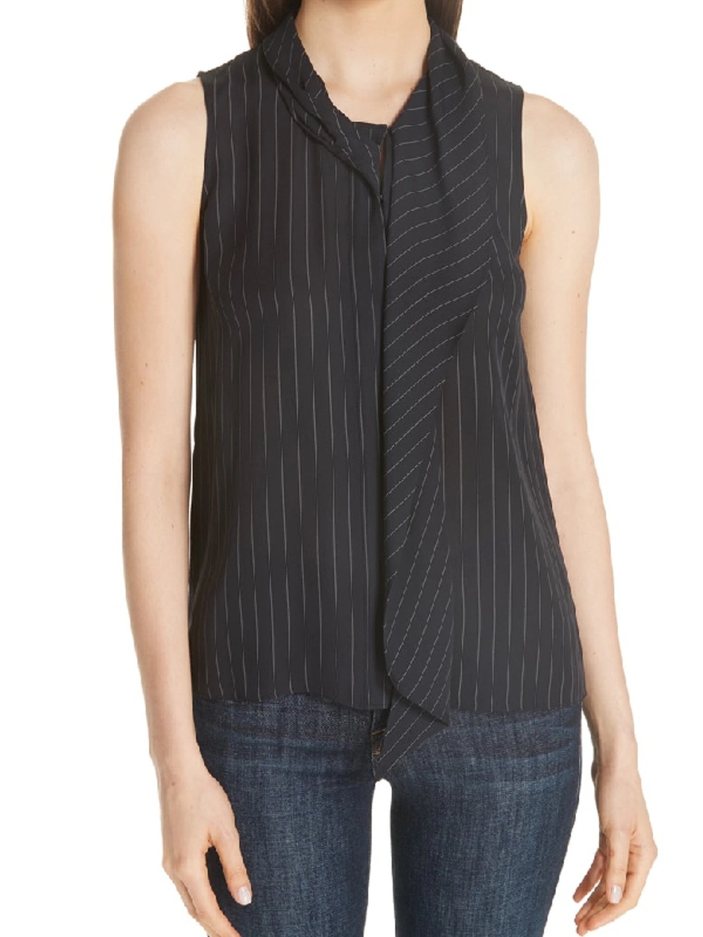 Theory Black Pinstripe Silk Sleeveless Tie Neck Scarf Blouse Top